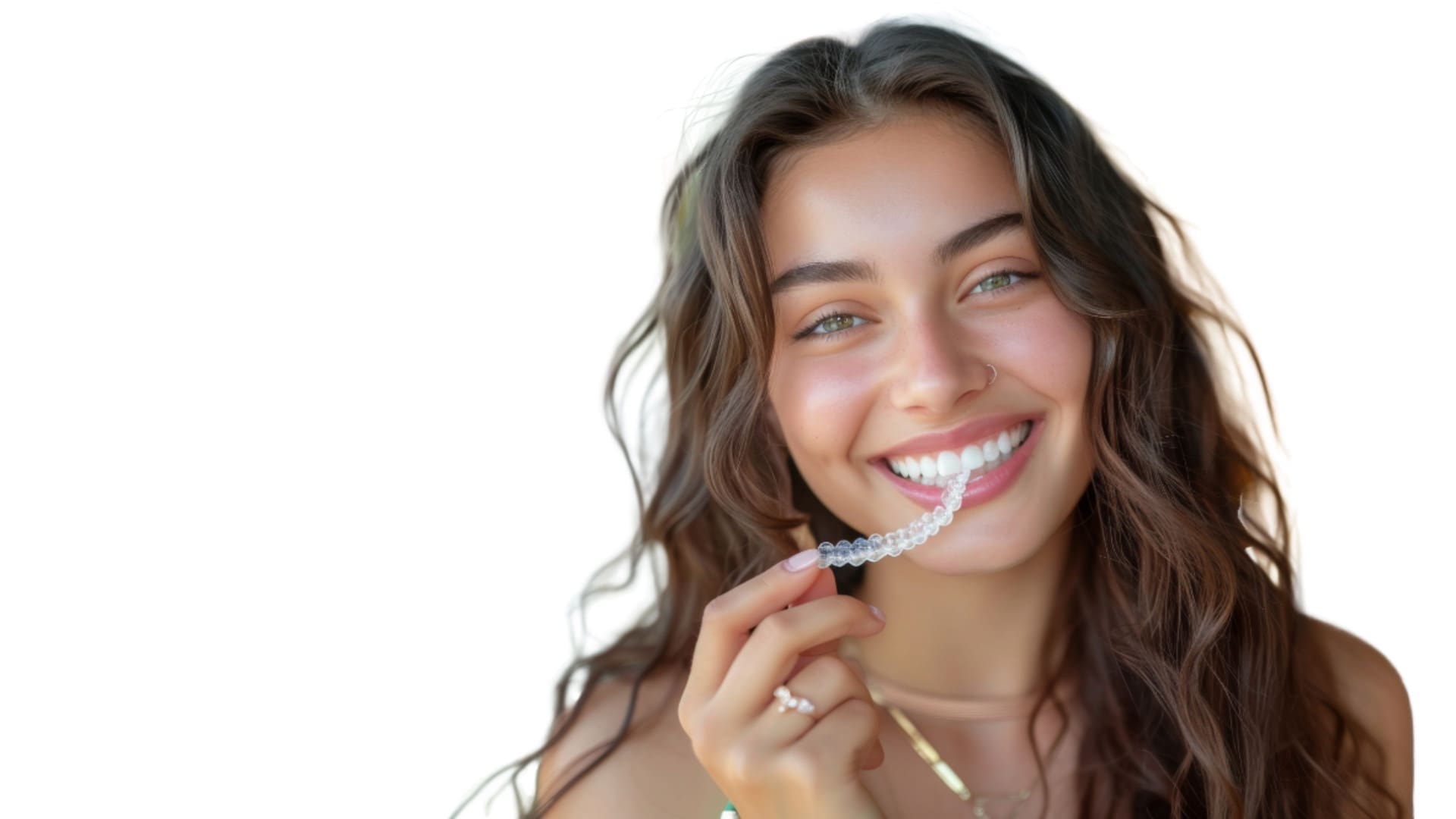 Tânără zâmbitoare ținând un aparat dentar Invisalign transparent